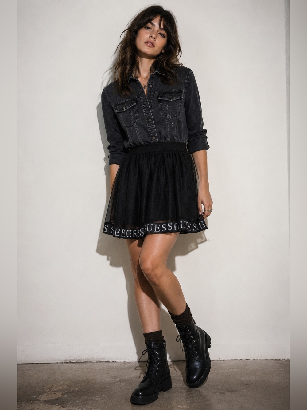 GUESS Black Denim Button-Up Dress with Logo Mesh Skirt Size 14